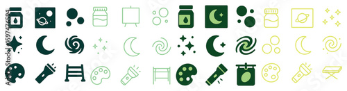 Astronomy and space outline icons set – linear, silhouette, celestial and galactic symbols