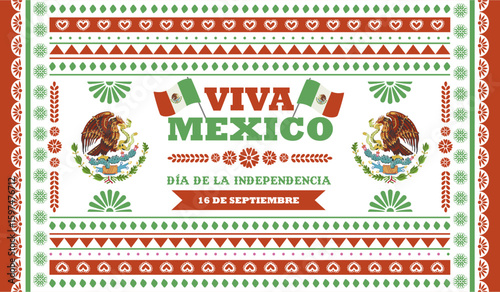 Viva Mexico - Dia de la independencia de Mexico 2025 vector illustration banner with papel picado pattern background and national icons.Translation: The independence day of Mexico 16th September 2025