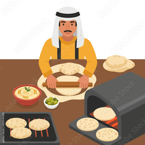 Man Preparing Flatbread in Kitchen with Hummus and Olives