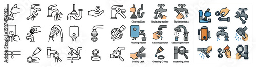 Plumbing repair and maintenance linear icons set – outline, water supply tools