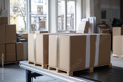 Packages made of cardboard placed on conveyor belts ready for courier shipping and logistics distribution
