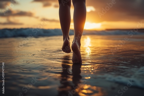 Woman's Feet Gently Strolling Along the Beach at Sunset