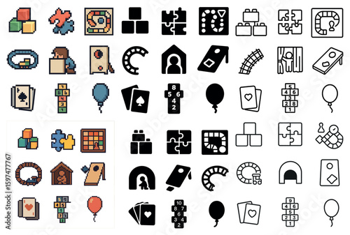 Puzzle and board games icons set – pixel art, game pieces, strategic symbols