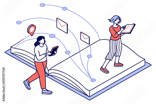 Open book with floating social and email icons illustrates the evolving landscape of modern education, modern flat illustration style