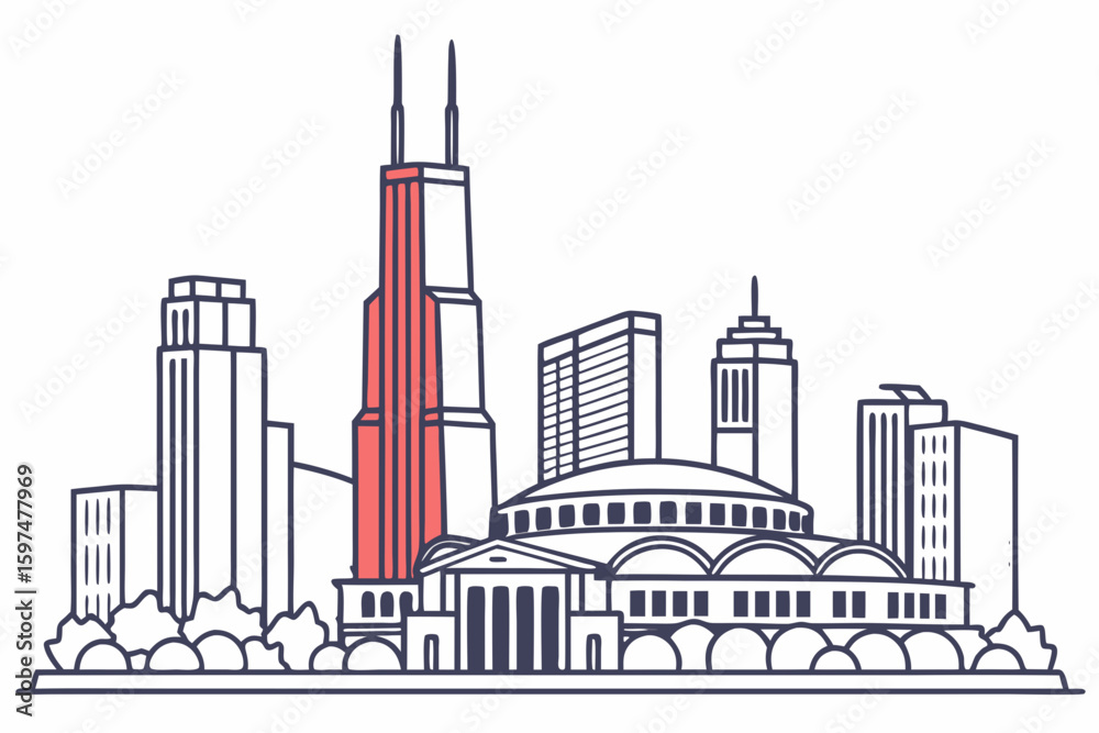 Fototapeta premium Outlined Chicago cityscape with typographic design, showcasing iconic architecture and layout, perfect for posters, modern flat illustration style.