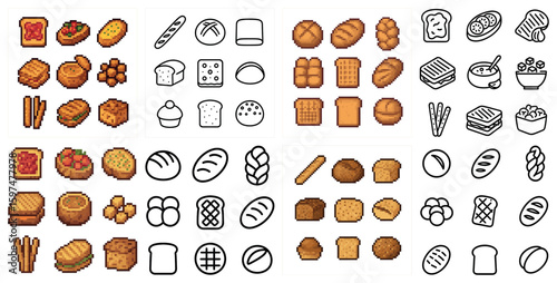 Bakery and pastry icons set – pixel art, outline, bread and dessert symbols