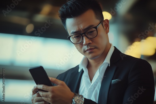 An Asian business owner uses his phone for work while waiting for a flight at the airport