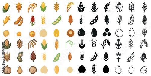 Agriculture icons set – pixel art, silhouette, farming and crop symbols