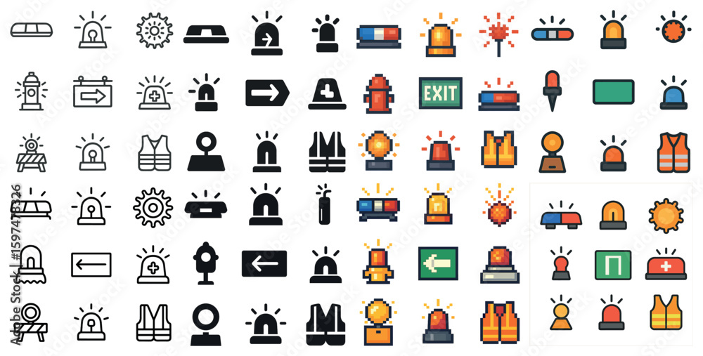 Fototapeta premium Safety and warning icons set – outline, linear, hazard indicators