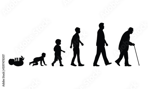 A clean, black silhouette illustration showing the stages of human life in a row: infant crawling, child walking, teenager standing, adult walking, middle-aged person, and elderly person with a cane.