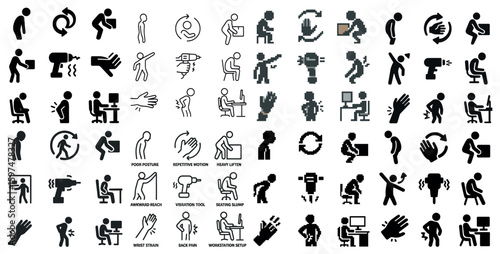 Ergonomic awareness icons set - silhouette, pixel art, workplace health symbols