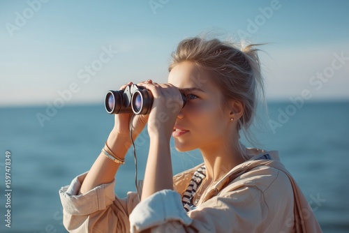 Young Woman Gazing Through Binoculars Toward The Ocean On A Clear Sunny Day