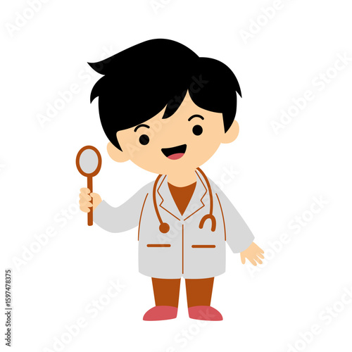 A suitable, easy-to-understand sentence for naming this image could be:
Doctor and smiling boy using stethoscope in a cartoon medical illustration