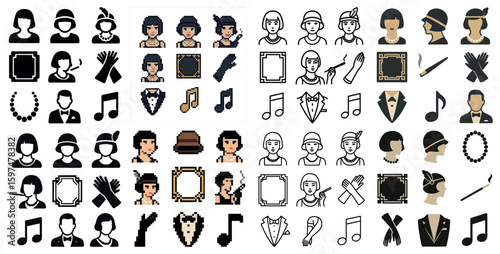 Art deco linear icons set – outline, retro, vintage design elements
