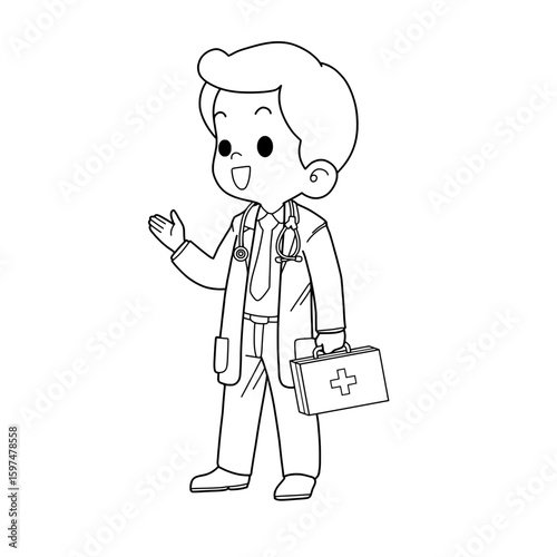 Funny cartoon doctor holding a syringe in a comic style illustration