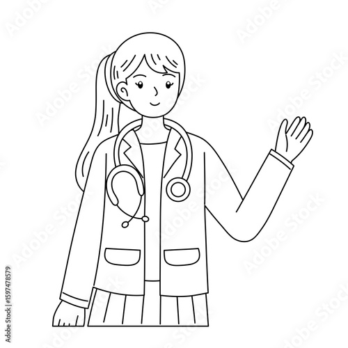 Cartoon doctor wearing a suit and stethoscope standing in hospital
