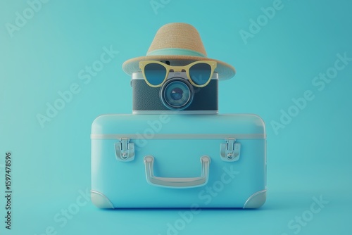 A collection of travel essentials such as a suitcase, sunglasses, hat, and camera set against a soft blue backdrop