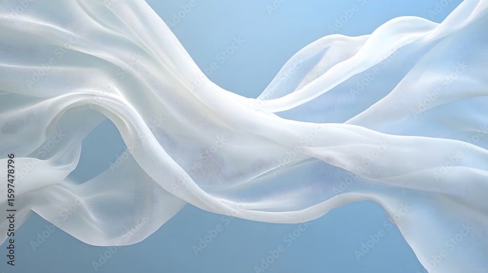 Obraz premium Abstract white flowing fabric or silk with a soft blue background, elegant and smooth, representing movement, grace, and fluidity in modern design