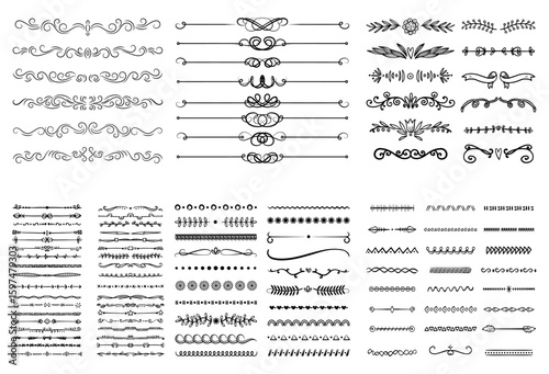 dividers doodle set. Wedding decorative elements. Divider ornament, borders, vintage line separators. Hand drawn vector illustration