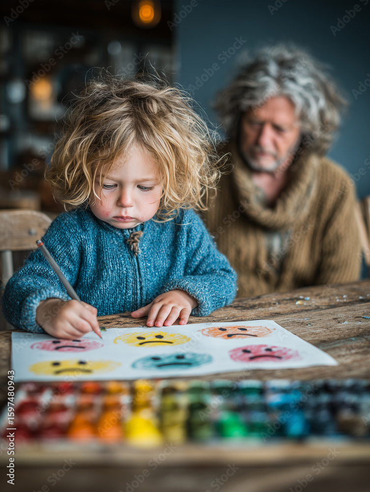 Fototapeta premium Child drawing simple emotional faces (happy, sad, angry) on paper, emotional intelligence concept for kids 