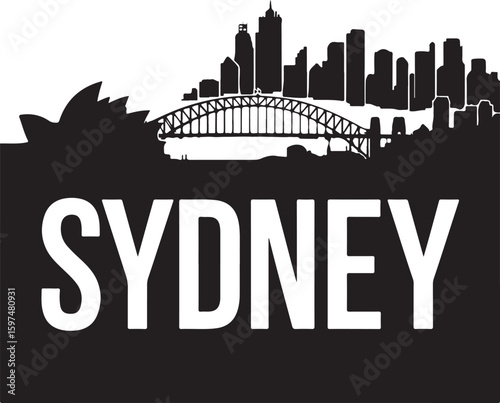 Sydney skyline silhouette with iconic landmarks, a cityscape view featuring the Harbour Bridge