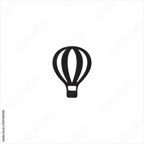Black hot air balloon icon with vertical stripes and gondola on white background airship zeppelin