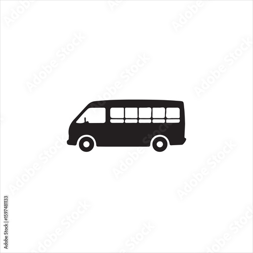 Black silhouette of a passenger van with multiple windows vehicle transportation