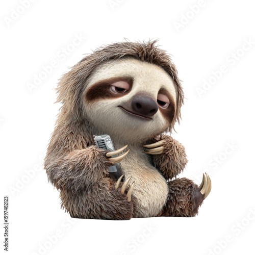 A cute cartoon sloth is sitting and smiling, isolated on transparent background
