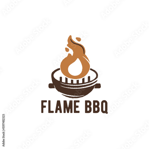 Flame BBQ logo. Barbecue grill with flame illustration in a bold minimal style, ideal for restaurant branding, food trucks, packaging, and grilling events. Vector illustration.