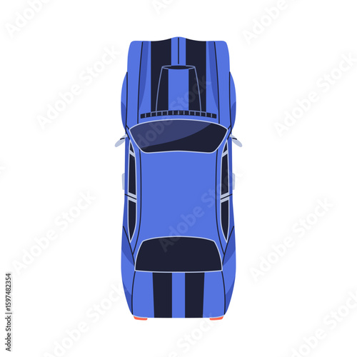 Muscle car, top above view. Retro style sportscar with double stripe design, ...