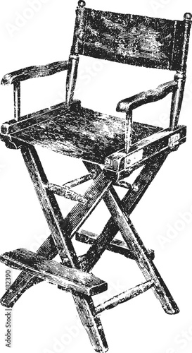 Vintage wooden director chair with armrests and backrest in sketch style. Black and white vector illustration for film, cinema, and studio themes.