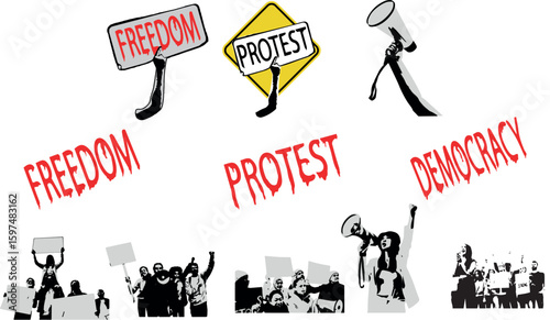 Illustration of people protesting, holding signs, and using a megaphone to voice their opinions.