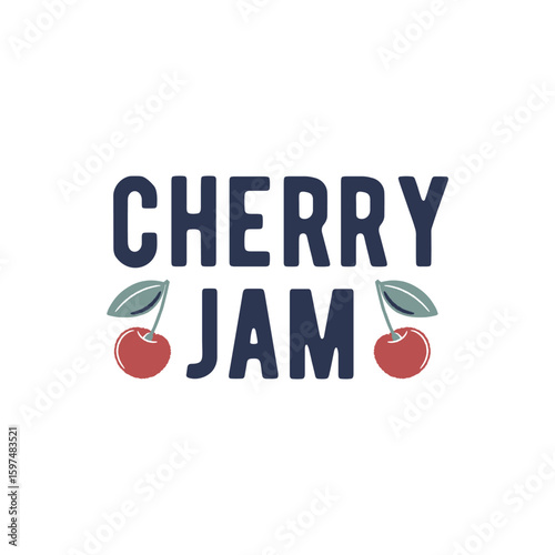 Cherry jam logo. Simple cherry logo for jam label, farm food, sweet preserves, or fruit branding. Vector illustration.