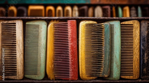 Rows of vintage wooden combs in varying colors and textures