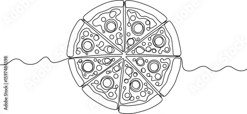 Continuous line drawing of a pizza with pepperoni slices on each piece