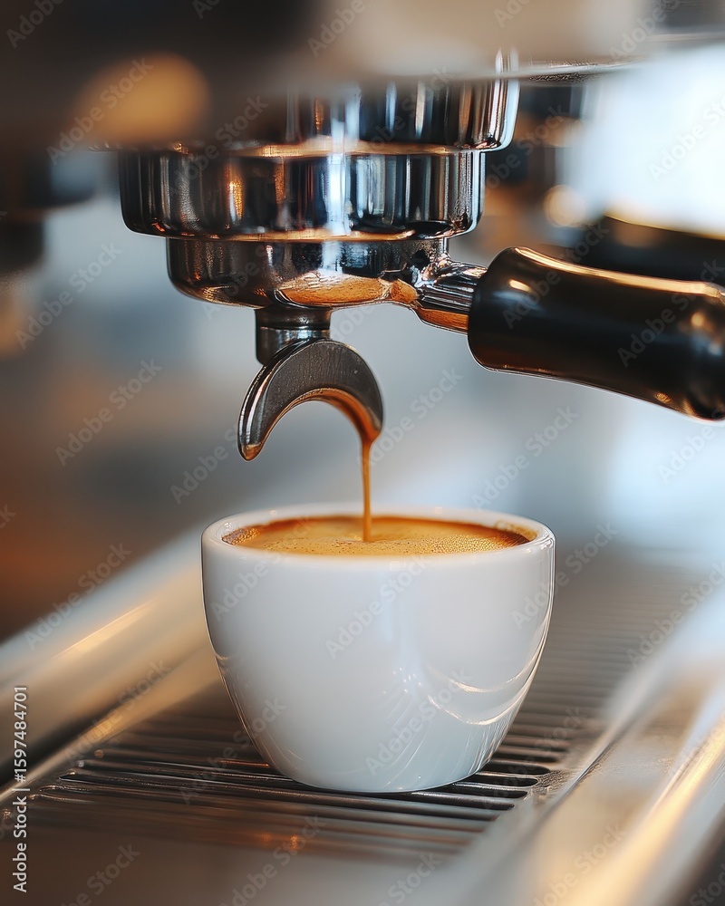 Freshly Brewed Espresso Dripping from Coffee Machine into Cup Freshly Brewed Espresso Dripping from Coffee Machine into Cup