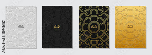 Set of covers, vertical templates. Collection of geometric backgrounds with ethnic vintage pattern. Mandala, arabesques, logo. Relief 3D ornaments, motifs of the East, Asia, India, Mexico, Aztec, Peru