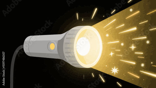 Flashlight illuminating darkness with vibrant light beams and stars design