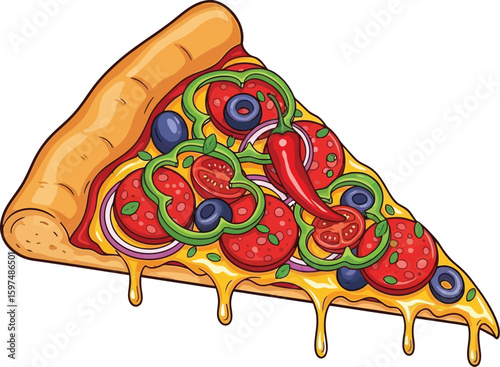 Delicious slice of pizza with pepperoni, pepper, tomato, olive and onions