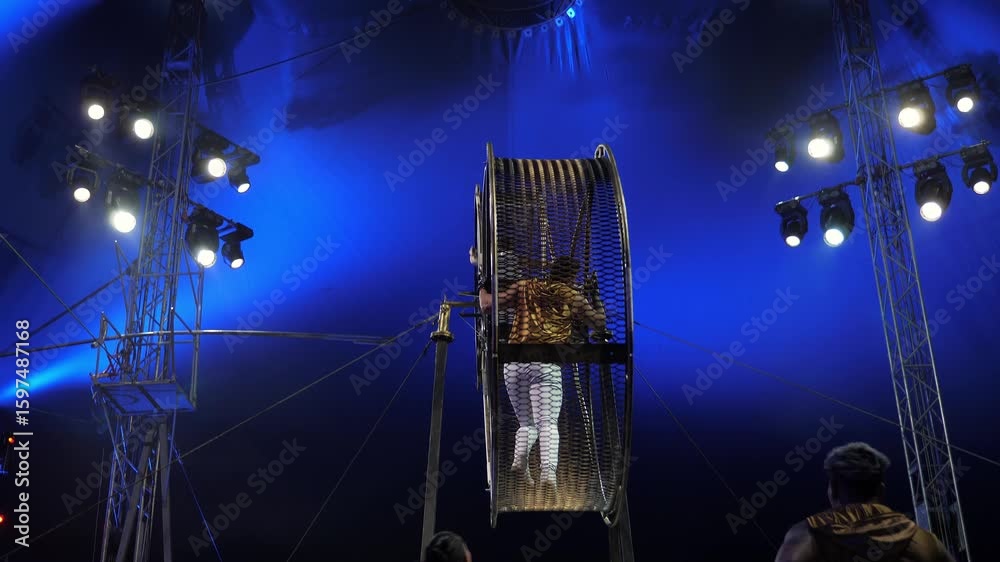 Two brave male acrobats in a rotating wheel of death perform under the ...