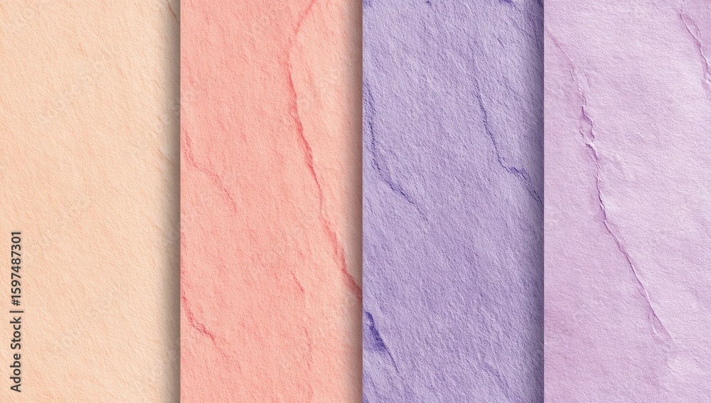 Fototapeta premium Four vertical panels of pastel-toned, textured, marbled surfaces in peach, coral, purple, and lavender