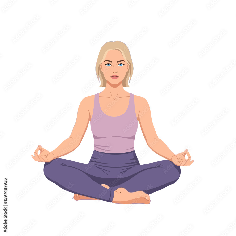 Fototapeta premium Blond woman meditates peacefully in a cross-legged seated yoga pose.