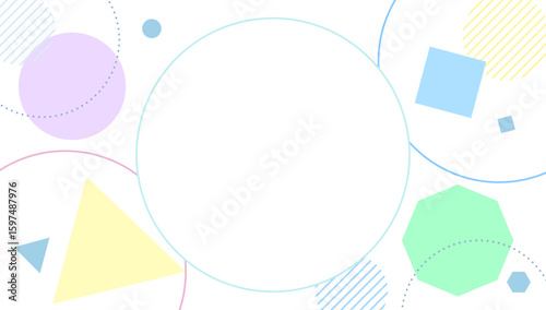 パステル調のやさしい幾何学模様背景テンプレート｜円、三角形、四角形、多角形、ベクター、白背景、余白