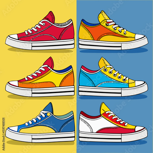 Collection of six colorful canvas sneakers in a pop art style