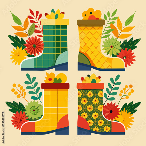 Four pairs of colorful rain boots decorated with autumn flowers and leaves
