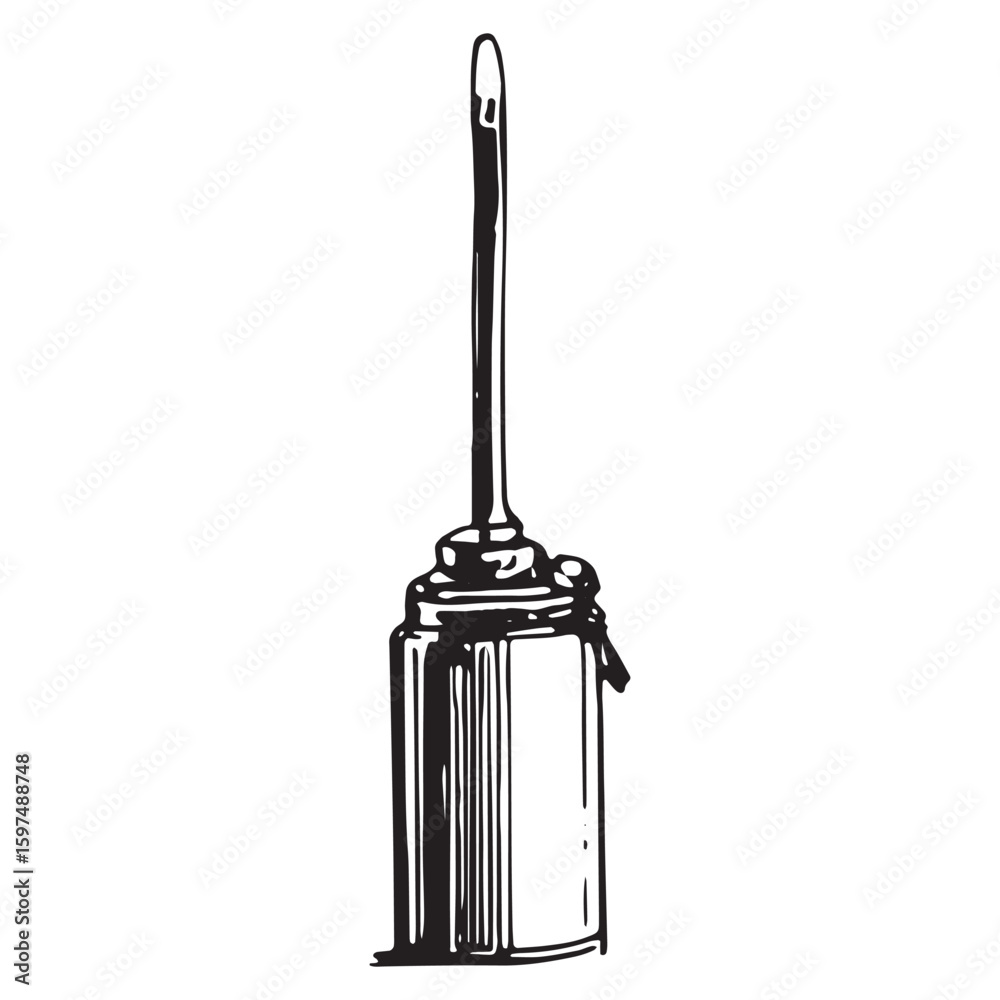 Oil Can:

Deskripsi (100 karakter): Black and white oil can illustration for vintage tool art, featuring outdoor maintenance design and industrial gear