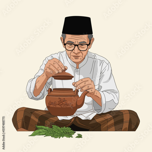 Senior Man with Brown Teapot Preparing Herbal Tea Cartoon