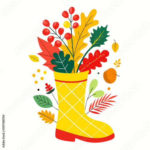 Yellow rain boot filled with colorful autumn leaves and berries