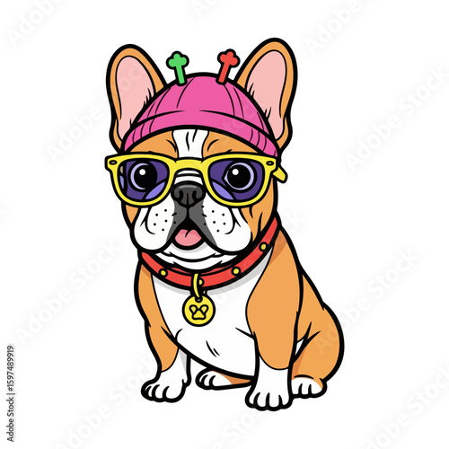 French bulldog cartoon, colored cartoon with line art and white background. AI generated image. 
