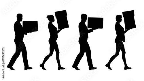 Moving Forward: Silhouetted figures stride with determination, each carrying a box, suggesting a shared journey of progress and transition, evoking a sense of forward momentum.